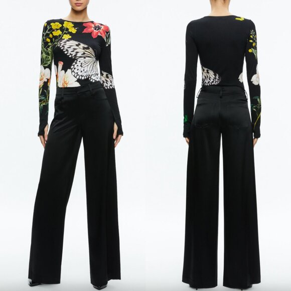 $275 alice + olivia Black Multi Essential Floral Delaina Blouse Top size Medium - Picture 1 of 10
